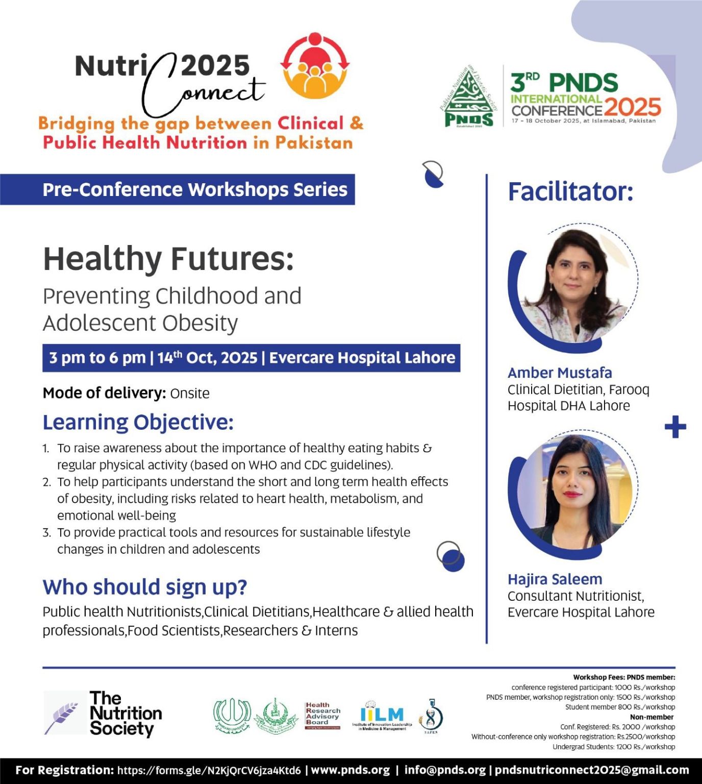 Flyer for the Healthy Futures: Preventing Childhood and Adolescent Obesity pre-conference workshop, featuring facilitators Amber Mustafa and Hajra Saleem