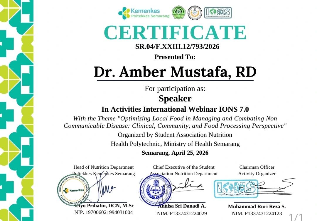 Certificate of participation as a speaker at IONS 7.0, presented to Dr. Amber Mustafa, RD